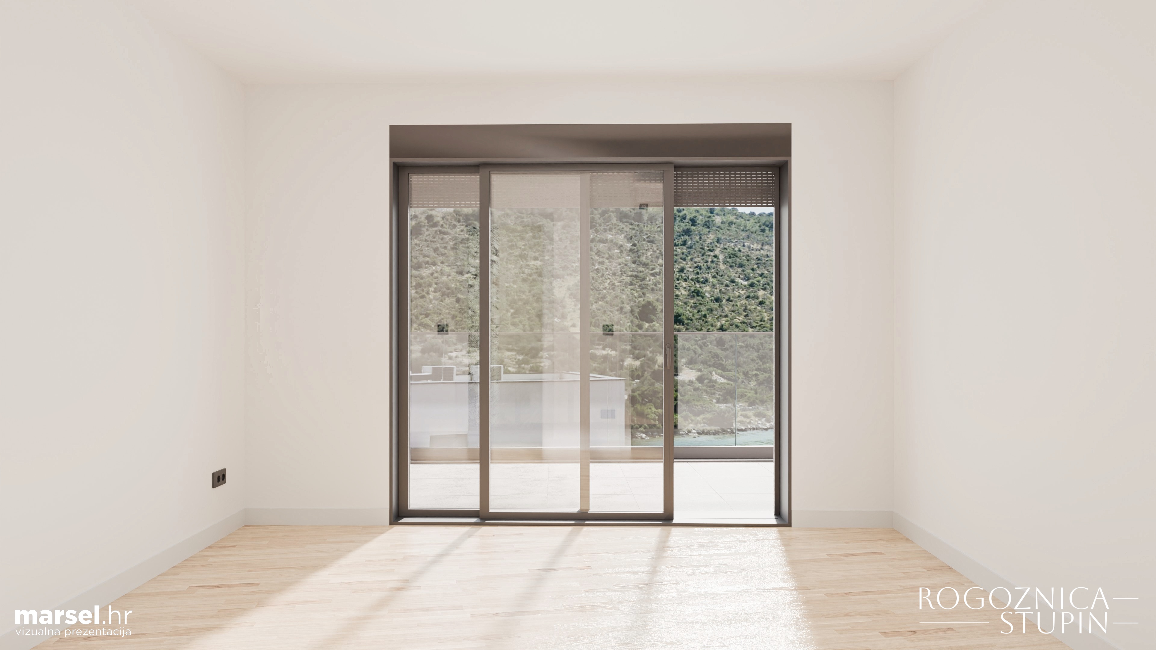 Vizualizacija interijera apartmana u novogradnji Rogoznica Stupin. Prostrani i svijetli unutarnji prostori s pogledom na more, idealni za stanovanje ili investiranje u apartman na dalmatinskoj obali.